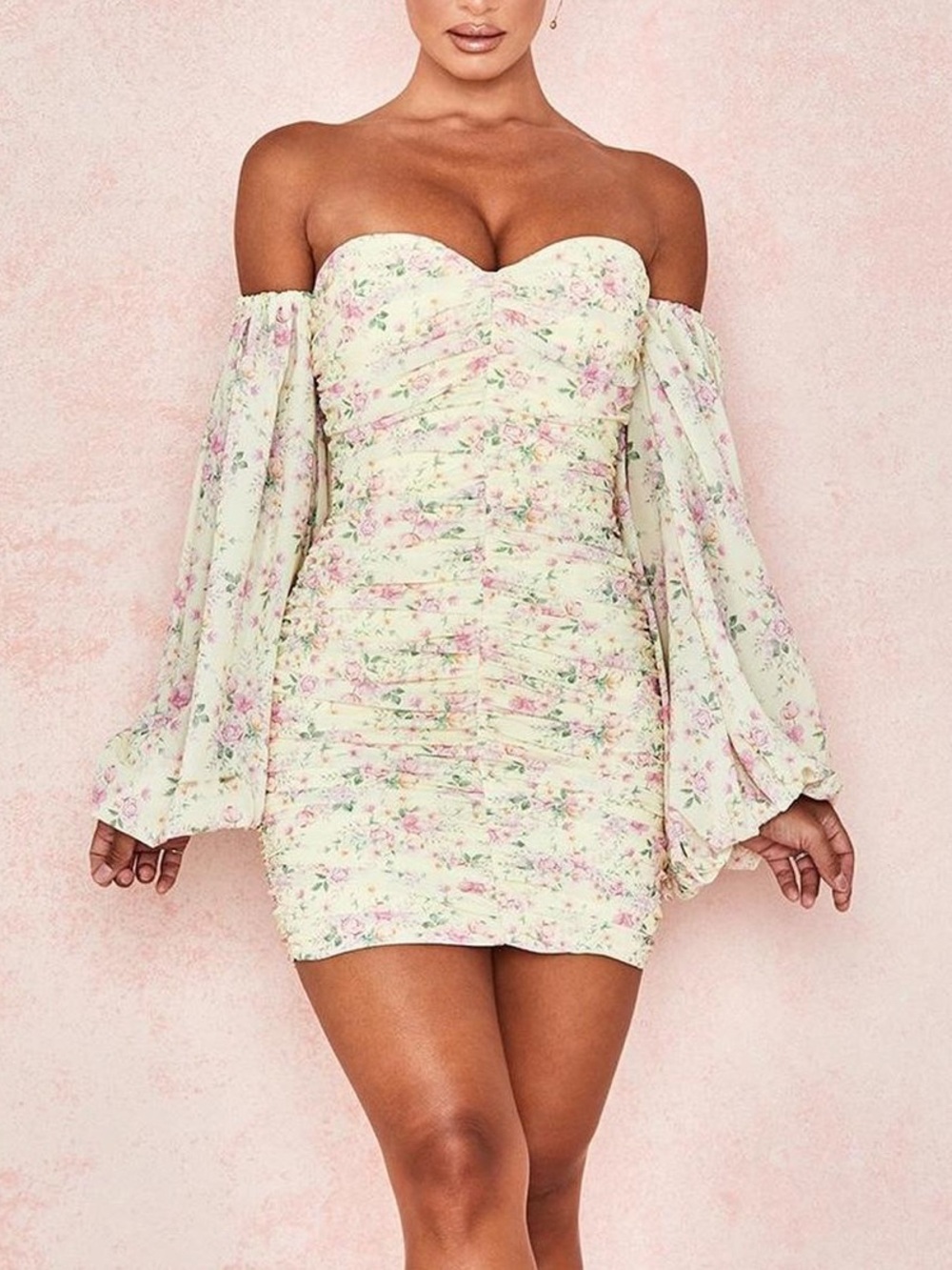 House of CB Cream Floral Off-Shoulder Ruched Mini Dress with Pink Blossoms